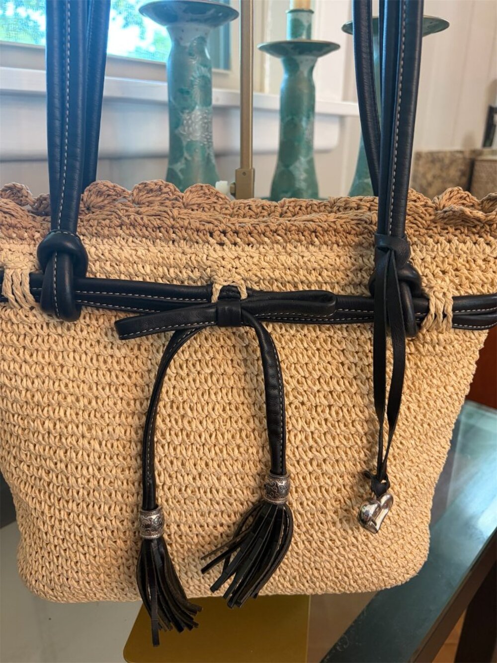 BRIGHTON STRAW TOTE WITH BLACK LEATHER TRIM - Picture 2 of 3